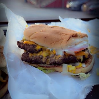Red's Snow Wagon & More - THICK Double Cheeseburger with everything....DELICIOUS!!! - Food Stands Near Me - Houston, Texas Red's Snow Wagon & More - THICK Double Cheeseburger with everything....DELICIOUS!!! - Food Stands Near Me - Houston, Texas