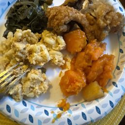 Fish fried platter with greens, yams, and Mac & cheese Fish fried platter with greens, yams, and Mac & cheese