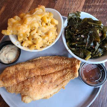 Kin Southern Table + Bar - Fried catfish with collard greens and mac & cheese - Soul Food Near Me - Providence, Rhode Island Kin Southern Table + Bar - Fried catfish with collard greens and mac & cheese - Soul Food Near Me - Providence, Rhode Island