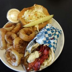 Potka's Kitchen - Twisted Philly Pita served with homemade onion rings and coleslaw