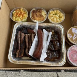 Brisket, sausage, burnt ends and sides