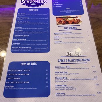 Schooners - Menu - Starters, Lots of tots, Wings, Flatbreads, Spike & Ollie's dog house - Burgers Near Me - Largo, Florida