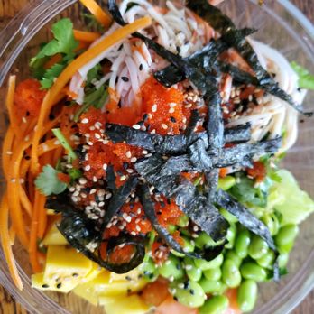 Poke Falls - Brandon - Wild Salmon Poke on a salad base with mango - Hawaiian Near Me - Brandon, Florida