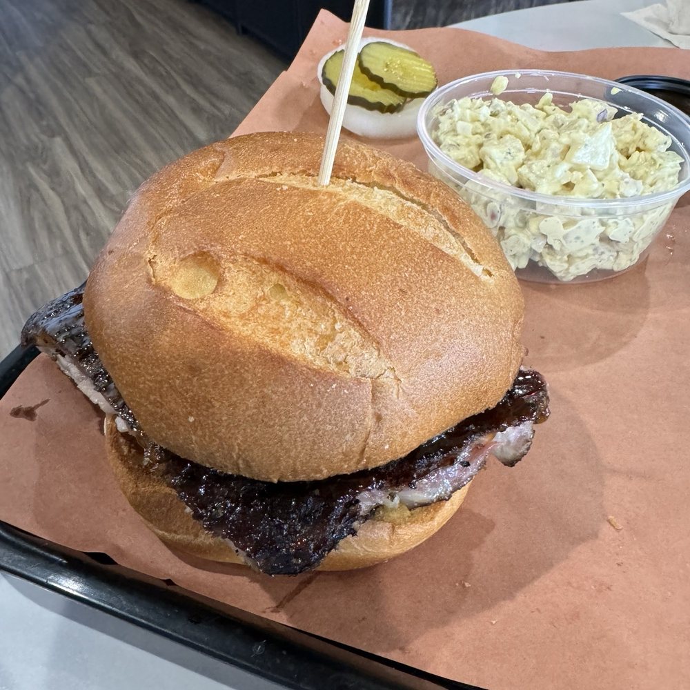 Smokin Iron - Rib sandwich and potato salad. - Barbeque Near Me - Meridian, Idaho Smokin Iron - Rib sandwich and potato salad. - Barbeque Near Me - Meridian, Idaho