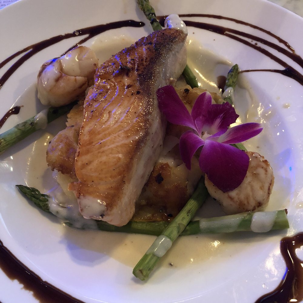 MB Grille - Salmon with scallops, potatoes and asparagus delish. - New American Near Me - Simi Valley, California MB Grille - Salmon with scallops, potatoes and asparagus delish. - New American Near Me - Simi Valley, California