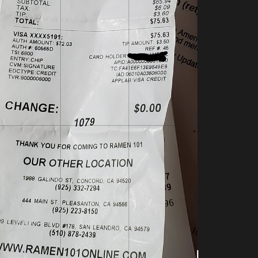 Ramen 101 - Receipt  for my 08/29/20 take out order. - Ramen Near Me - Dublin, California