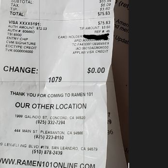 Ramen 101 - Receipt for my 08/29/20 take out order. - Ramen Near Me - Dublin, California Ramen 101 - Receipt for my 08/29/20 take out order. - Ramen Near Me - Dublin, California