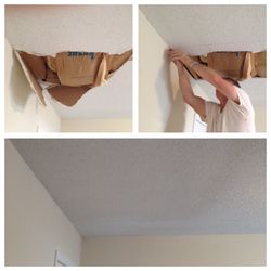 Jake & Son - Before and after drywall ceiling repair. Popcorn texture match.