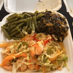 Exclusive Jerk Caribbean Restaurant - Stir-Fry Shrimp Dinner Special Collard Greens