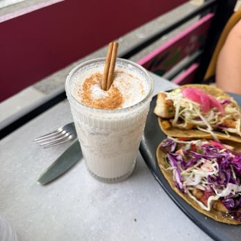 Casa Lola - Horchata based cocktail and a view of mixed taco plate - Mexican Near Me - Sacramento, California
