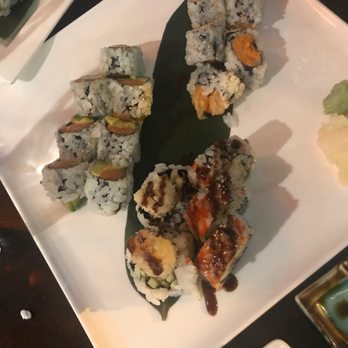Sushi Suzuki - Salmon avocado roll (left) Sweet Potato (right) Shrimp Tempura (center) - Sushi Bars Near Me - Metuchen, New Jersey Sushi Suzuki - Salmon avocado roll (left) Sweet Potato (right) Shrimp Tempura (center) - Sushi Bars Near Me - Metuchen, New Jersey