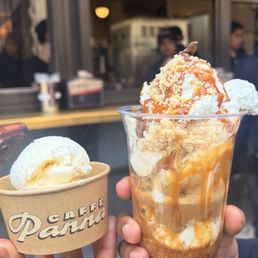 Passion fruit icecream and caramel sundae