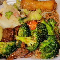 Great Wall Express - Double beef broccoli, seafood delight, rice, and egg rolls Taken 01.26.25