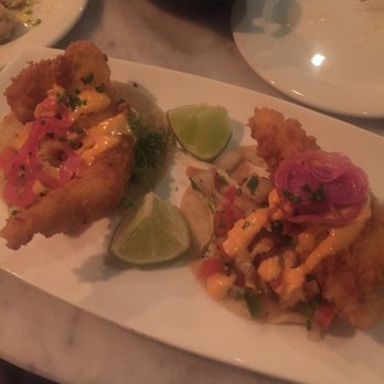 Trident Galley & Raw Bar - Hingham - Fish tacos, usually come as single taco but chef split it for us - Tapas/Small Plates Near Me - Hingham, Massachusetts