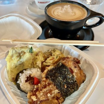 Fukuya - Nori Chicken for Nori-san, Maki Sushi, Vegetable Omelet, Potato Hash... Latté courtesy the Curb - Japanese Near Me - Honolulu, Hawaii