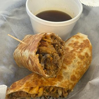 Three Little Birds Smokehouse - Wrap with au jus dipping sauce. - Smokehouse Near Me - Chickasaw, Alabama