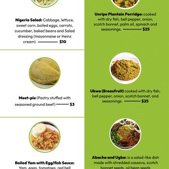 Nayo's African Cuisine - Menu page 2 - veggie focused dishes - African Near Me - Chicago, Illinois Nayo's African Cuisine - Menu page 2 - veggie focused dishes - African Near Me - Chicago, Illinois