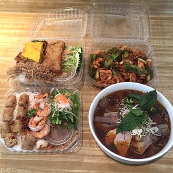 PT Eatery - House special broken rice, lemongrass stir fry, Vermicelli grilled shrimp and egg roll, and bun bi hue( spicy beef noodle soup) - Vietnamese Near Me - San Diego, California
