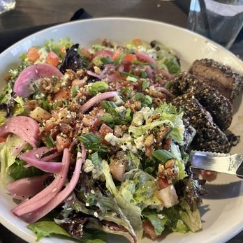 The Ridge West Seneca - Everything Wedge Salad - subbed mixed greens for iceberg lettuce. The BEST salad I ever ate. That everything bagel crusted steak was divine! - Salad Near Me - West Seneca, New York