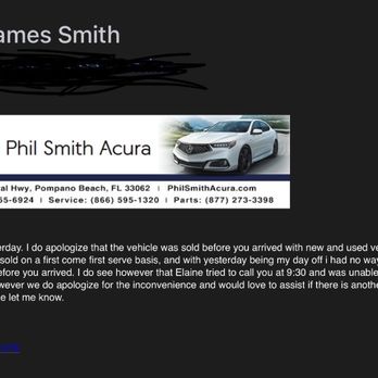 Phil Smith Acura - Email saying he wasn't at work and he was off . - Auto Repair Near Me - Pompano Beach, Florida Phil Smith Acura - Email saying he wasn't at work and he was off . - Auto Repair Near Me - Pompano Beach, Florida