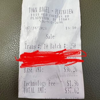 Town Bagel - a receipt with a red mark on it - Bagels Near Me - Plainview, New York Town Bagel - a receipt with a red mark on it - Bagels Near Me - Plainview, New York
