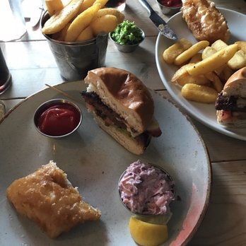 The Coastguard Restaurant - Coastguard burger, chips (fries), fish fillet, purple coleslaw and crushed mushy peas. - British Near Me - Dover, KEN