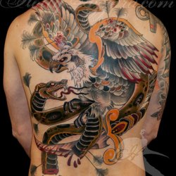 Always & Forever Tattoo Studio - Tattoo by Holly Azzara eagle vs. snake traditional back piece