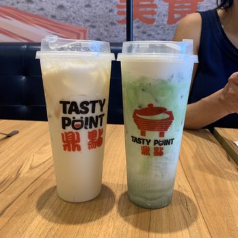 Tasty Point - Jasmine green milk tea (left), matcha drink - Taiwanese Near Me - Houston, Texas Tasty Point - Jasmine green milk tea (left), matcha drink - Taiwanese Near Me - Houston, Texas
