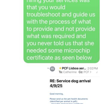 Alhambra Veterinary Hospital - Correspondence with portugese authority email outlining the request just before flight of the "microchip implantation certificate". - Veterinarians Near Me - Alhambra, California