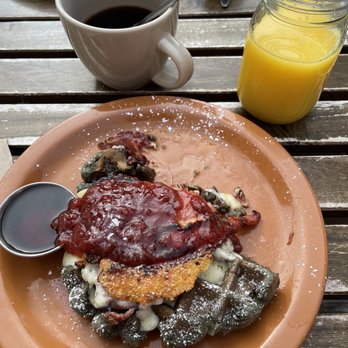 The Hidden Kitchen - Monte Christi waffle with Canadian bacon havarti cheese, and delicious berry jam - Juice Bars & Smoothies Near Me - Cayucos, California