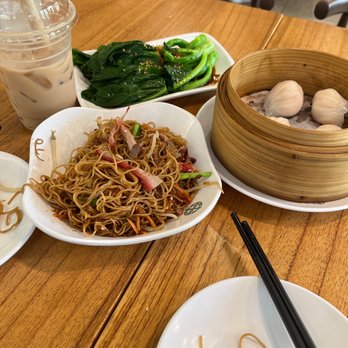 Tim Ho Wan - Pan fried noodles with bbq pork, steamed shrimp dumplings, blanched Chinese broccoli, signature Hong Kong iced milk tea - Dim Sum Near Me - Honolulu, Hawaii Tim Ho Wan - Pan fried noodles with bbq pork, steamed shrimp dumplings, blanched Chinese broccoli, signature Hong Kong iced milk tea - Dim Sum Near Me - Honolulu, Hawaii