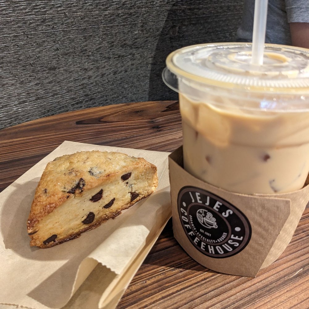 Jejes Coffee - Iced latte and chocolate scone - Coffee & Tea Near Me - Wellesley, Massachusetts Jejes Coffee - Iced latte and chocolate scone - Coffee & Tea Near Me - Wellesley, Massachusetts