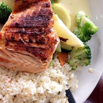 Fish N' Tails Oyster Bar - Pineapple salmon with veggies and rice - Seafood Near Me - Garland, Texas Fish N' Tails Oyster Bar - Pineapple salmon with veggies and rice - Seafood Near Me - Garland, Texas