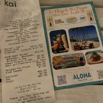 Kai Eats + Drinks - Receipt and postcard to go with it - Tacos Near Me - Kailua-Kona, Hawaii Kai Eats + Drinks - Receipt and postcard to go with it - Tacos Near Me - Kailua-Kona, Hawaii