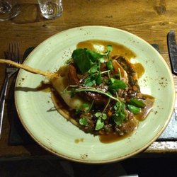 The Fishpool Inn - Slow roasted pork belly, apricot and sage stuffing, crackling shards, caramelised apple, smoked bacon puy lentils, red wine reduction