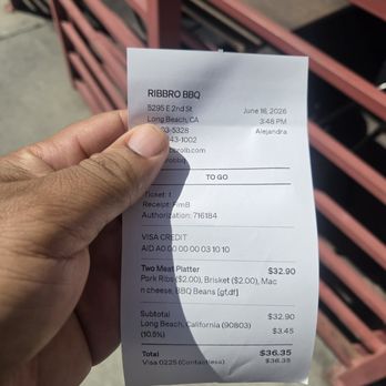 RIBBRO BBQ - Upcharge for ribs and brisket $2 dollars each. Plus a 10.5% charge. Not good. - Barbeque Near Me - Long Beach, California
