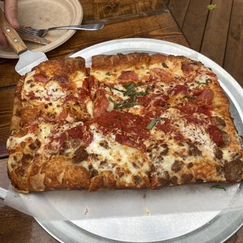 Zeppelin Pizza - Grandma style pizza half pepperoni half sausage - Pizza Near Me - Johns Island, South Carolina Zeppelin Pizza - Grandma style pizza half pepperoni half sausage - Pizza Near Me - Johns Island, South Carolina