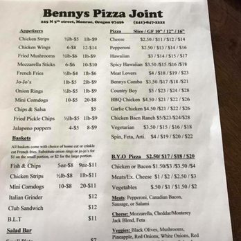 Bennys Pizza Joint - Most recent menu. - Sports Bars Near Me - Monroe, Oregon