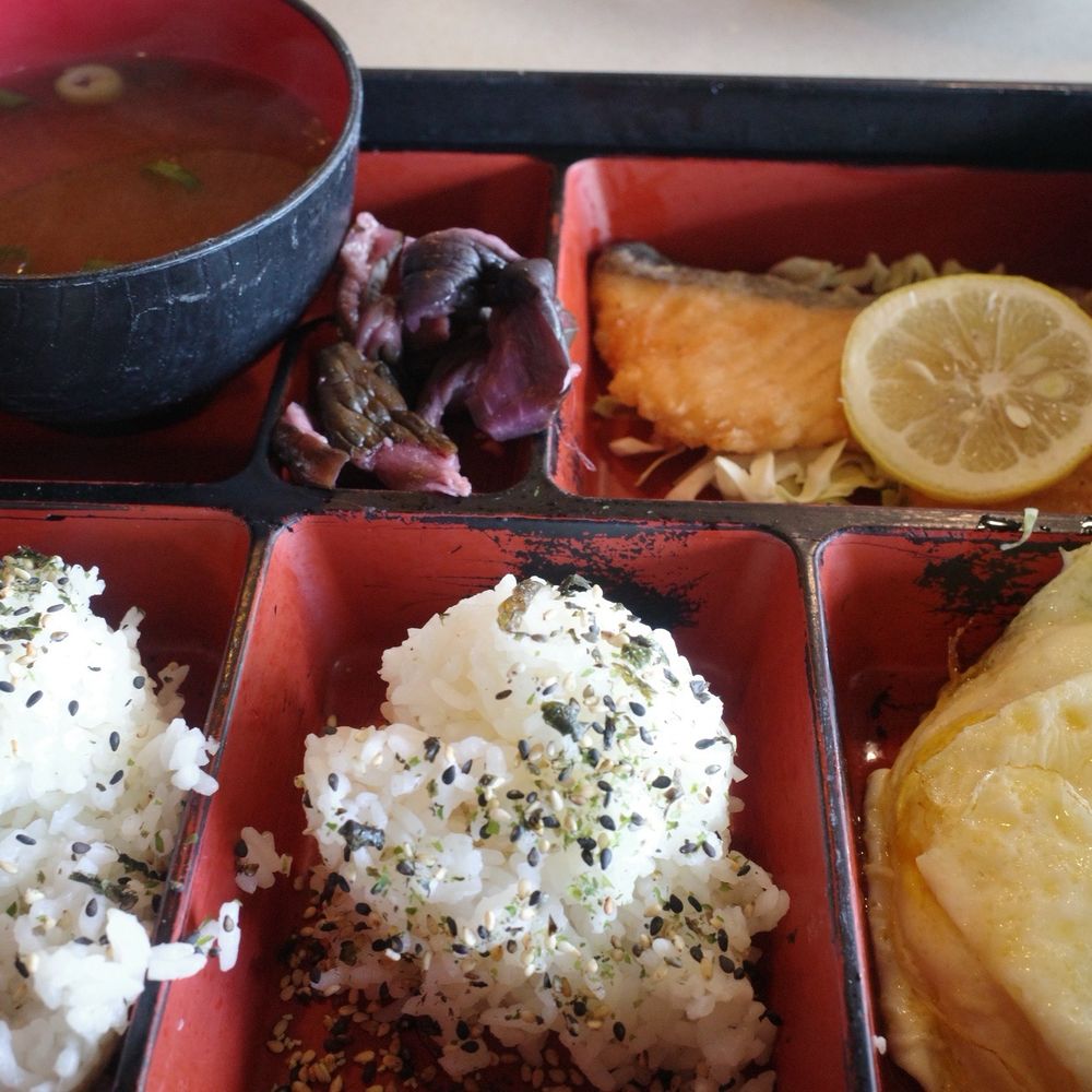 Japanese Breakfast with with salmon and an extra egg. Japanese Breakfast with with salmon and an extra egg.