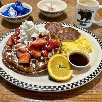Black Bear Diner - Freshly made sweet cream waffle served with strawberries and syrup paired with scrambled eggs, sausage patties and hot coffee - Diners Near Me - Rancho Cucamonga, California
