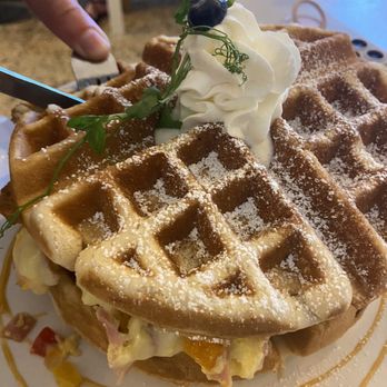 Blooming Cup - Waffle breakfast sandwich - waffles stuffed with loaded eggs, cheese, ham - Coffee & Tea Near Me - Dorado, Puerto Rico Blooming Cup - Waffle breakfast sandwich - waffles stuffed with loaded eggs, cheese, ham - Coffee & Tea Near Me - Dorado, Puerto Rico
