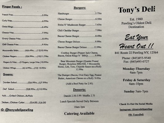 Menu photo 2 Tony's Deli Pawling, NY Menu photo 2 Tony's Deli Pawling, NY