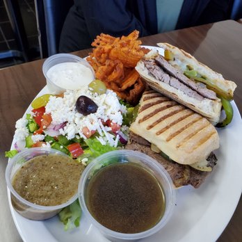 Odeh’s Mediterranean Kitchen - Prime-rib pannini with sweet potato fries and greek salad - Mediterranean Near Me - High Point, North Carolina