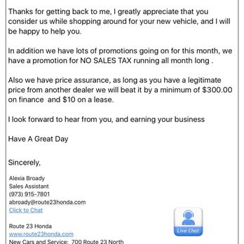 Route 23 Honda - Letter offering to beat competitors quotes and waive sales tax.  Notice that there's no qualification of these offers. - Auto Repair Near Me - Pompton Plains, New Jersey