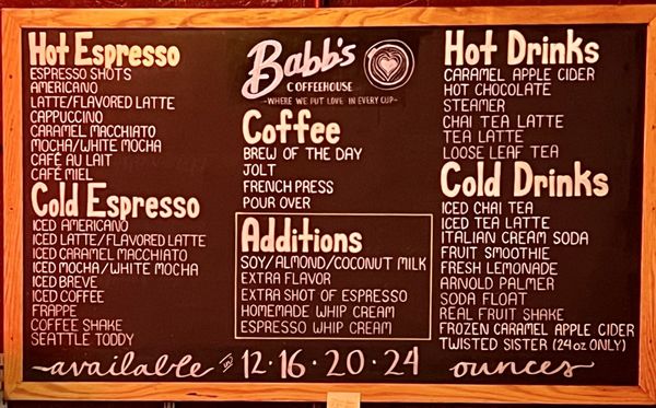 Menu photo 1 Babb's Coffee House Fargo, ND Menu photo 1 Babb's Coffee House Fargo, ND