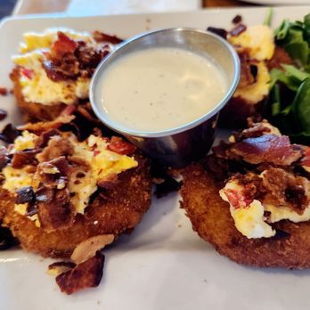Hops Burger Bar - Probably the best fried green tomatoes with pimento cheese I've ever had! They come with ranch dressing & bacon bits, too! - Burgers Near Me - Greensboro, North Carolina Hops Burger Bar - Probably the best fried green tomatoes with pimento cheese I've ever had! They come with ranch dressing & bacon bits, too! - Burgers Near Me - Greensboro, North Carolina