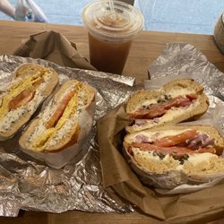 BK Bagels - Bagel with Flavored Veggie Cream Cheese, Tomato, and Egg (left) and Lox Deluxe Sandwich (right)