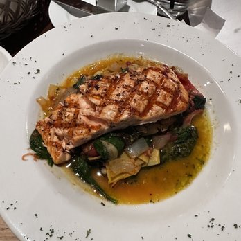Marston's - Grilled Salmon on a bed of spinach m, artichoke and tomato's - Breakfast & Brunch Near Me - Valencia, California Marston's - Grilled Salmon on a bed of spinach m, artichoke and tomato's - Breakfast & Brunch Near Me - Valencia, California