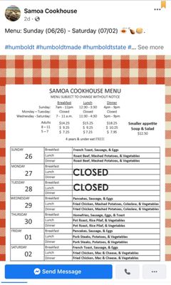 Menu photo 1 Samoa Cookhouse Samoa, CA