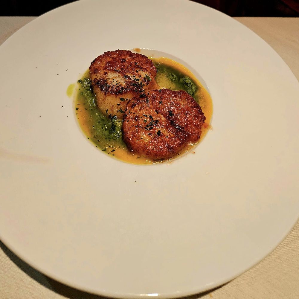 NoJa - Seared scallops with creamy pesto rice, Asian slaw and orange vinaigrette - New American Near Me - Mobile, Alabama NoJa - Seared scallops with creamy pesto rice, Asian slaw and orange vinaigrette - New American Near Me - Mobile, Alabama